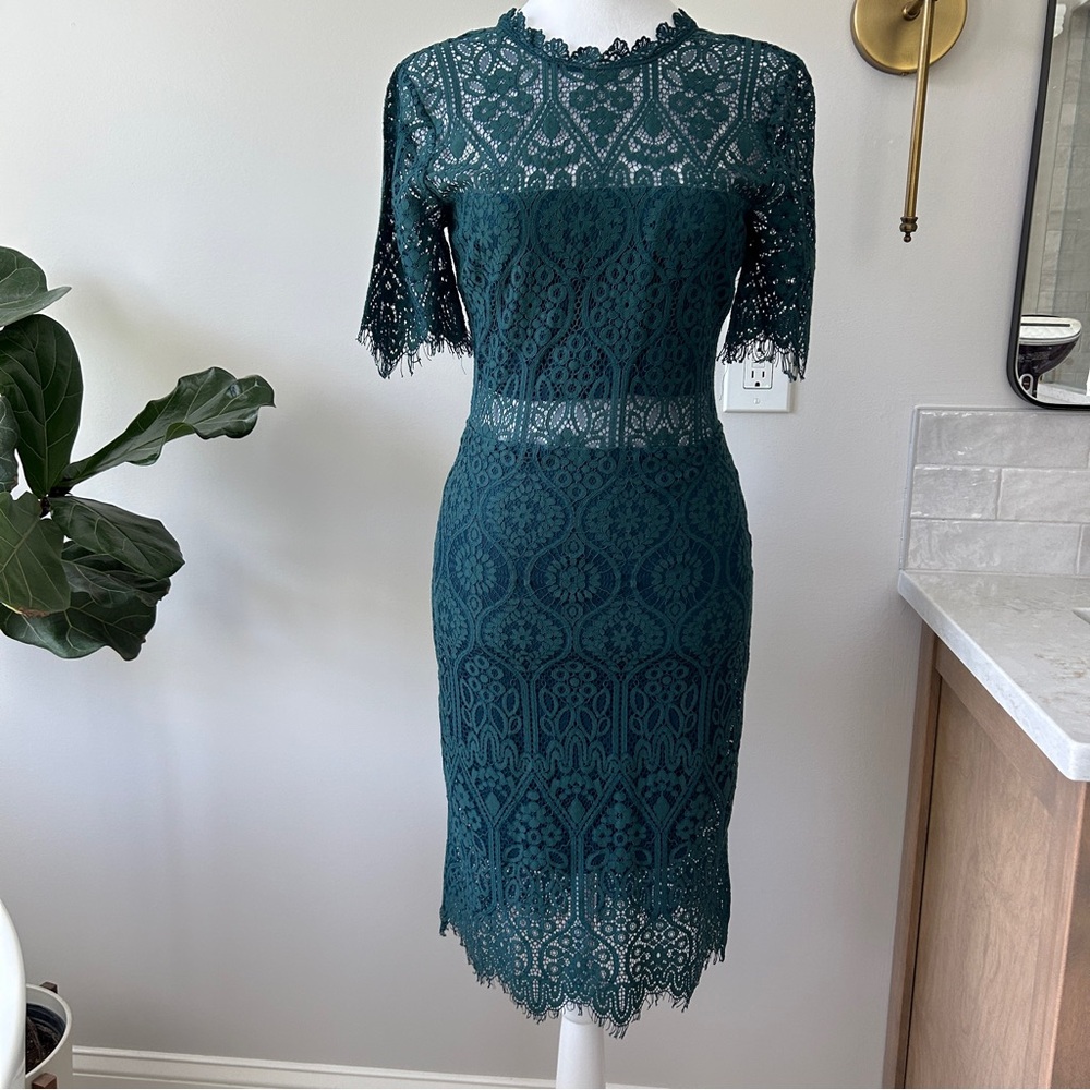 Forest green sheer lace short sleeve mini dress